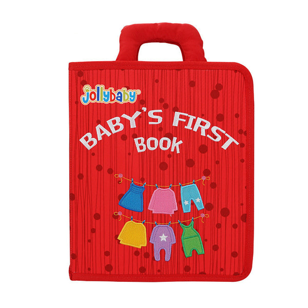 Red baby book with colorful clothes illustration and 'Jollybaby' branding on a white background