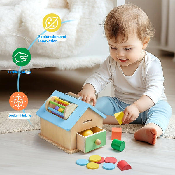 Child playing with a wooden toy set on a light-colored floor.