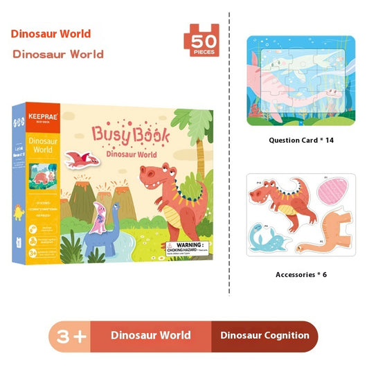Dinosaur-themed Busy Book packaging with illustrations of dinosaurs and a warning label.