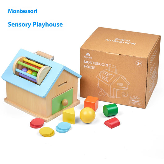 Wooden toy with colorful shapes and a Montessori Sensory Playhouse box on a white background
