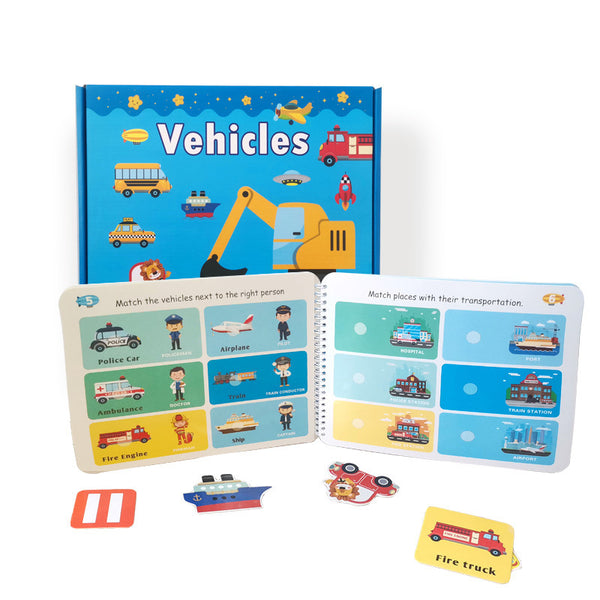 Children's educational book about vehicles with matching pieces on a white background