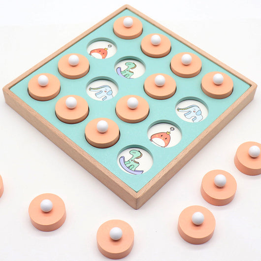 Wooden puzzle with circular pieces and animal illustrations on a light blue background