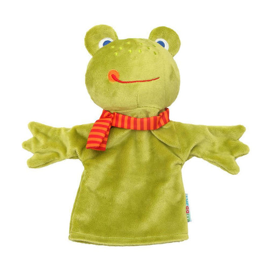 Green plush frog puppet with a red scarf on a white background