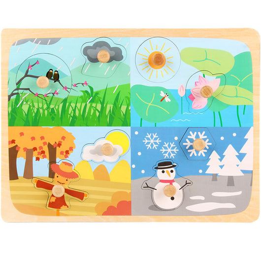 Four-seasons wooden puzzle with four different scenes on a white background