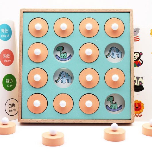 Educational toy with donut-shaped blocks and animal cutouts on a light blue background