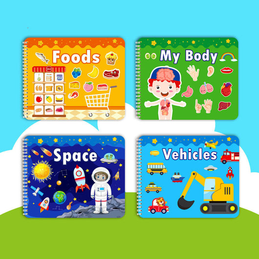 Four educational children's books on a white and green background