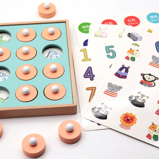 Wooden educational puzzle with colorful shapes and a sheet of stickers on a white background
