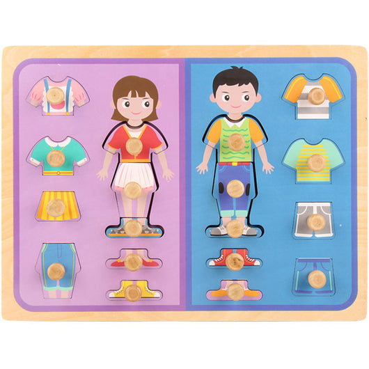 Wooden puzzle with cartoon characters and clothing pieces on a white background
