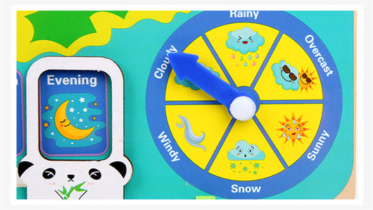 Children's educational clock with weather and time display on a colorful background