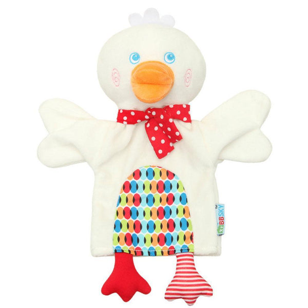 Plush duck toy with colorful polka dot dress on a white background