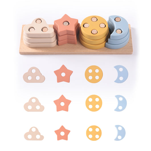 Set of colorful wooden形状块玩具 on a white background
