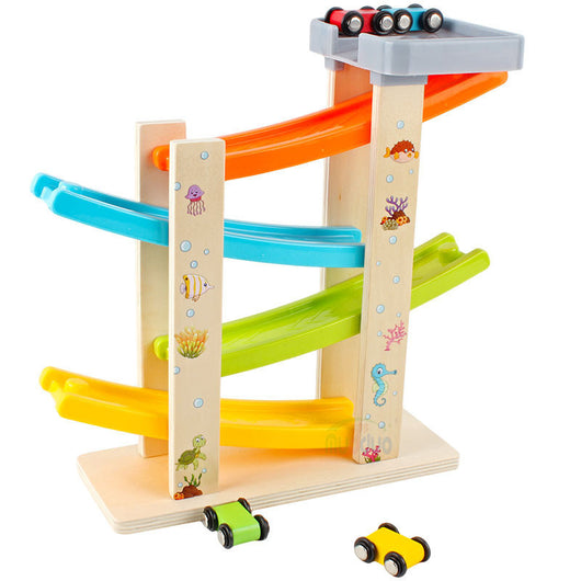 Colorful wooden toy track with small cars on a white background