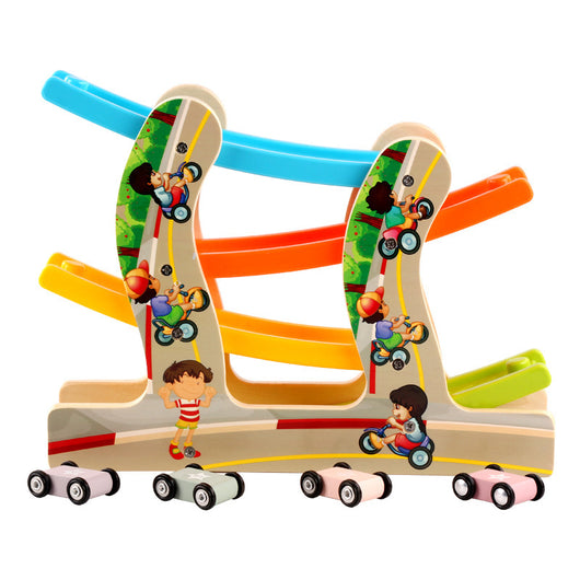 Colorful wooden toy track with cars on a white background