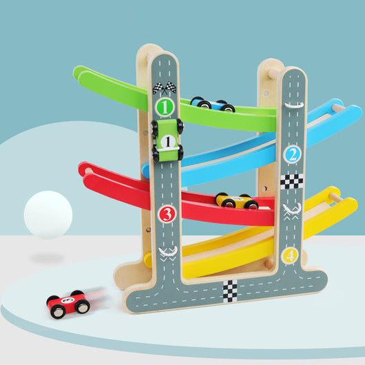 Wooden marble run toy with colorful tracks and small cars on a light blue background