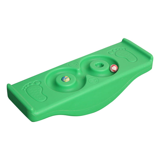 A bright yellow children's balance platform rock and roll seesaw toy with a few holes and small items placed on it.