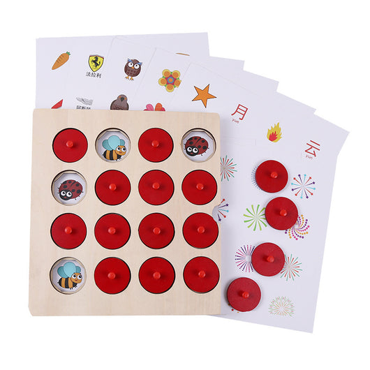 Educational board with red buttons and inset cards on a white background