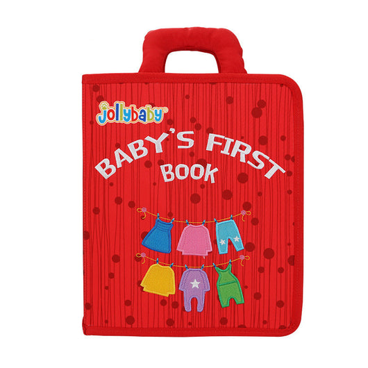 Red baby book with colorful clothes illustration and 'Jollybaby' branding on a white background