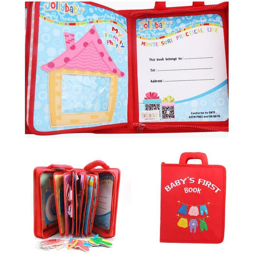 Red baby book with colorful pages and a house illustration, featuring 'Baby's First Book' text.