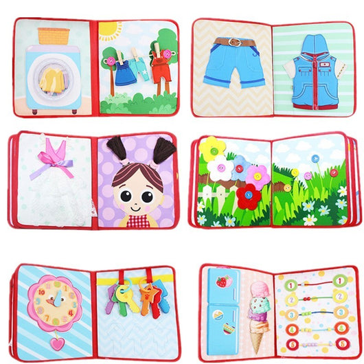 Children's educational fabric book with various educational elements on a white background