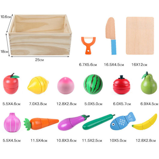 Set of wooden toy fruits, vegetables, and kitchen tools with dimensions displayed.