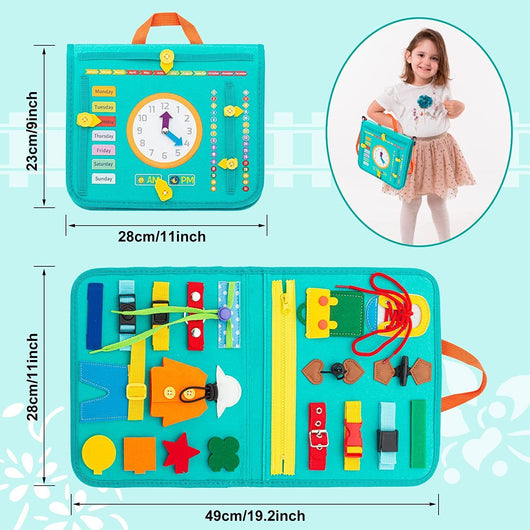 Children's educational toy with clock design, dimensions, and a child holding the toy.