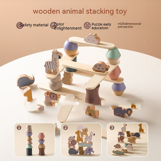 A set of wooden animal stacking toy blocks arranged in a balanced stack, with alternative images showing the toy in use by children.