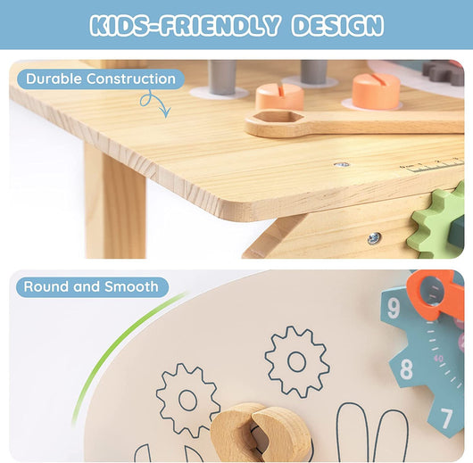 Wooden toy set with gears and numbers on a white background, labeled 'Kids-Friendly Design' and 'Durable Construction'.
