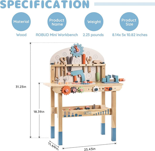 Wooden toy workbench with tools and measurements on a white background