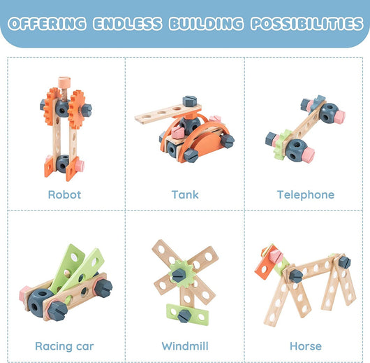 Set of building block models including robot, tank, telephone, racing car, windmill, and horse on a white background with text 'Offering endless building possibilities'.