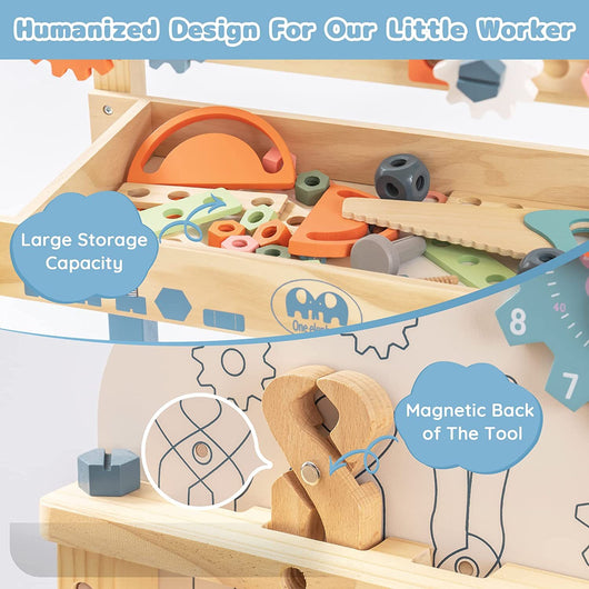 Wooden tool set with various tools and a toolbox, featuring text about storage capacity and magnetic back.