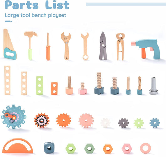 Toy tool bench parts including tools and mechanical components on a white background