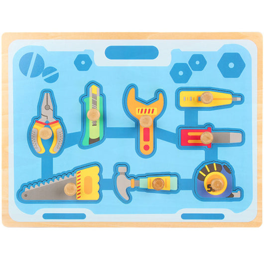 Colorful toy tool set on a blue background