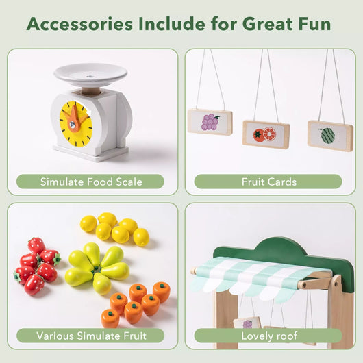 Set of toy accessories including a food scale, fruit cards, and fruits with a roof on a green background.