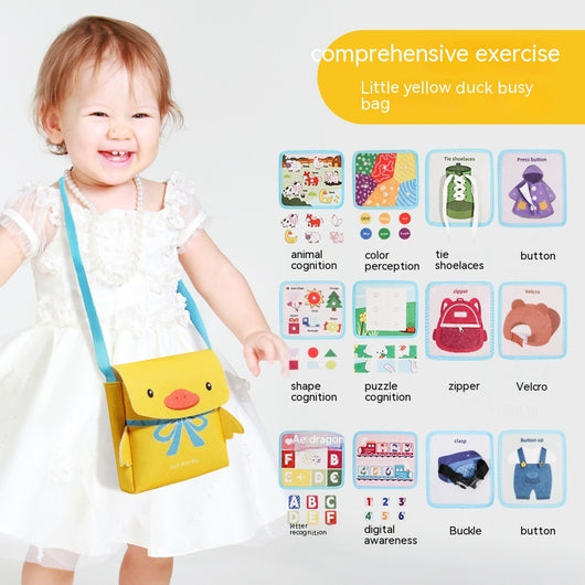 A young child carrying a small yellow duck busy bag, with text highlighting two ways to carry backpacks and books.