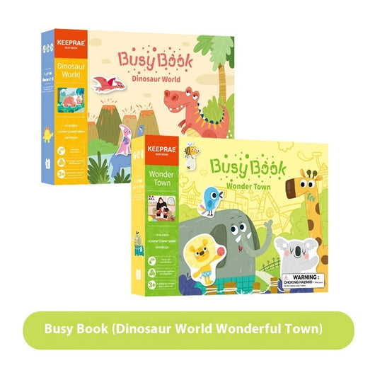 Two Busy Book educational toys for children, one titled 'Dinosaur World' and the other 'Wonder Town', on a white background.