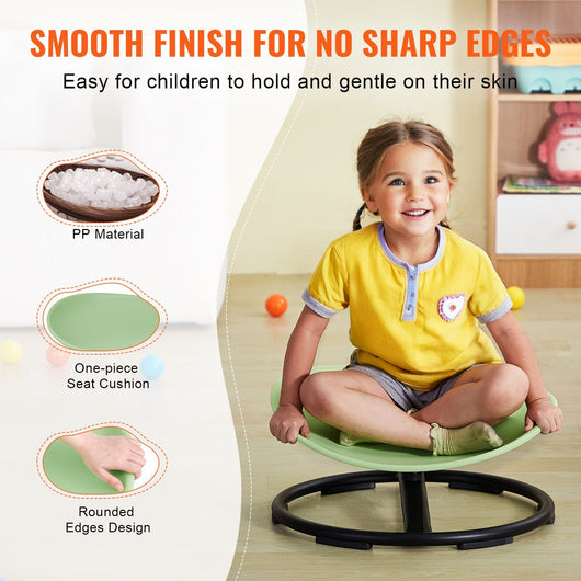 Child sitting on a green chair with text about smooth finish and safety features.