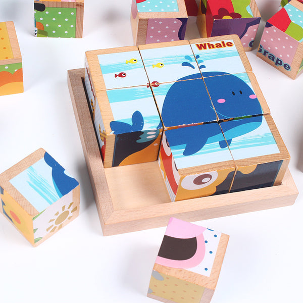 High-grade Six-face Picture Wooden Jigsaw 3D Puzzle Toys Children's Early Education.