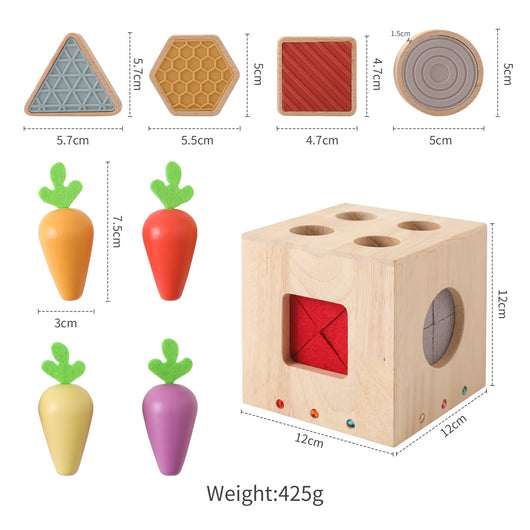 Wooden block sorting toy with shapes and vegetables, showing measurements and weight.