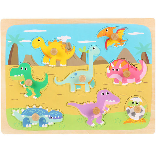 Children's dinosaur puzzle with colorful illustrations on a wooden board.