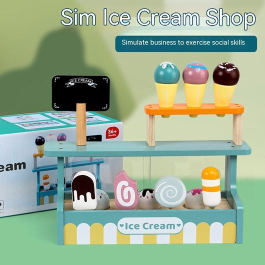 Toy ice cream shop set with colorful ice cream cones and a sign on a green background
