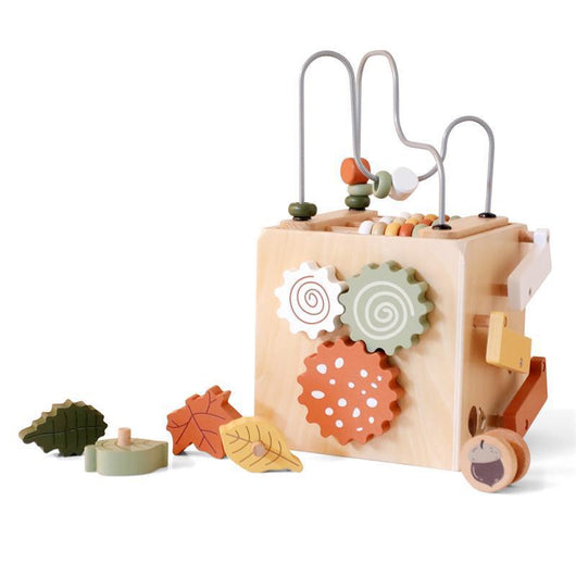 Wooden toy with beads and geometric shapes on a white background