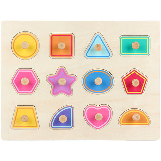 Wooden shape sorting puzzle with colorful shapes on a white background