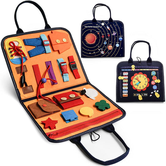 Educational toy set with various objects and two educational books on a white background