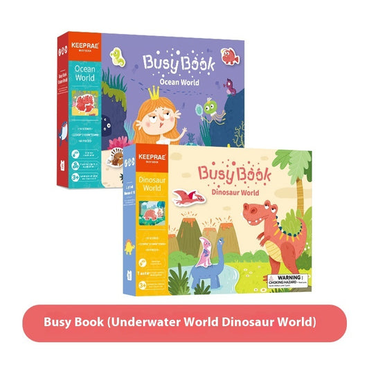 Busy Book with Ocean World and Dinosaur World themes on a white background