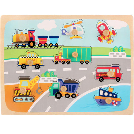 Wooden puzzle with colorful transportation-themed pegs on a wooden board.