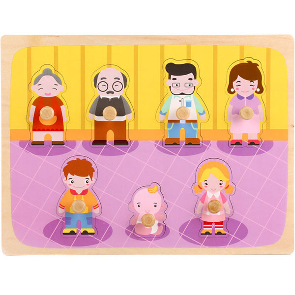 Wooden puzzle with illustrated characters on a yellow and purple background
