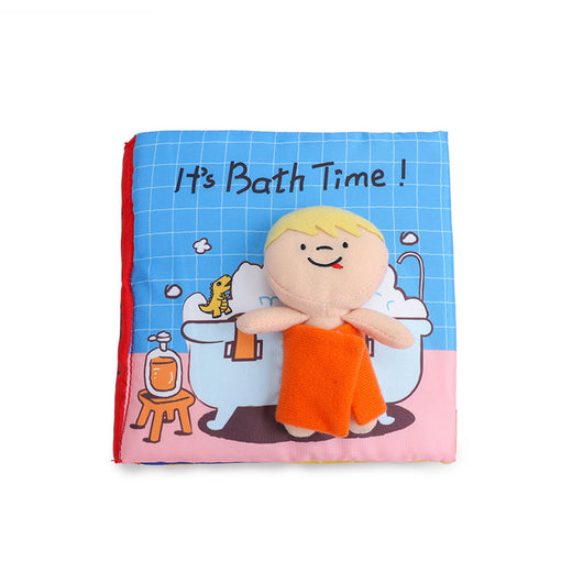 Children's book titled 'It's Bath Time!' with a plush toy of a child in a bathtub on a white background