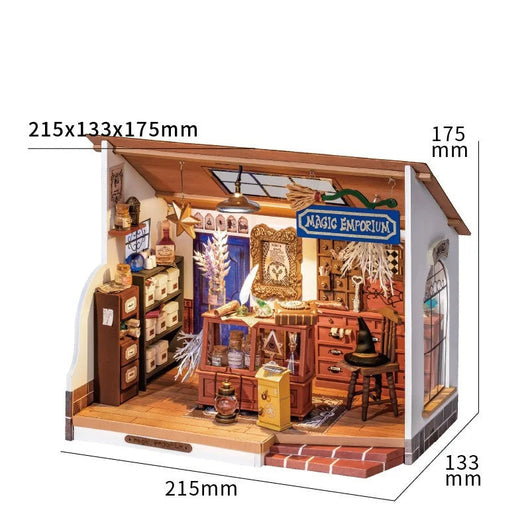 Model of a miniature store with dimensions labeled, featuring the brand 'Robotime'.