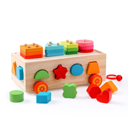 Colorful wooden shape sorting toy with various geometric blocks on a white background