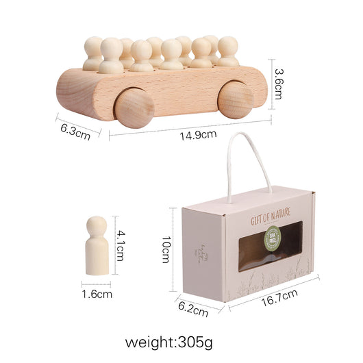 Wooden toy car with measurements and a gift box on a white background